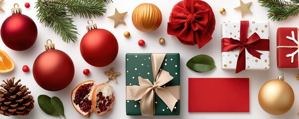 Obraz premium Christmas gifts and decorations with red and gold ornaments, ribbons, and wrapped presents