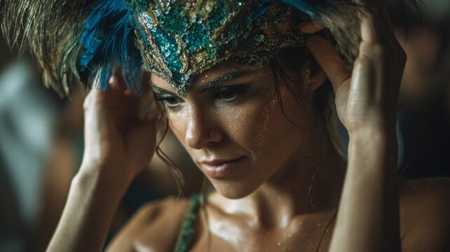 Carnival dancer adjusting sparkling feathered headpiece glitter makeup on face festive atmosphere vibrant colors Brazilian culture celebration confident expression close up