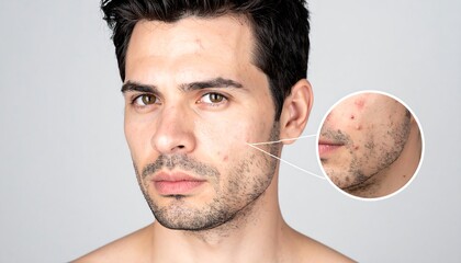 Man with skin imperfections; zoomed view of affected area shows details