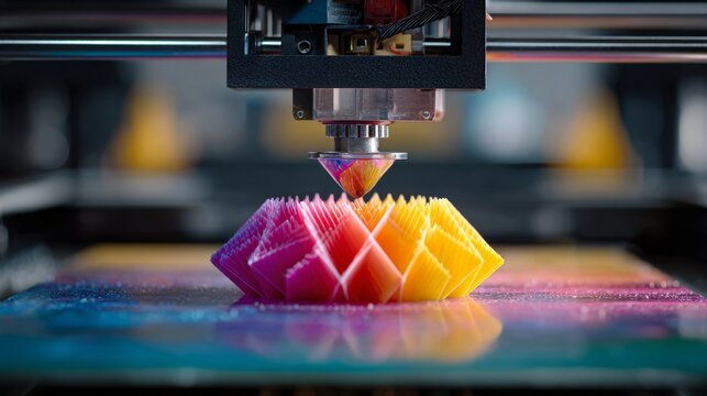 Close up 3D printer nozzle colorful geometric object technology plastic modern creative innovation vibrant engineering manufacturing digital design process equipment machine fabrication additive
