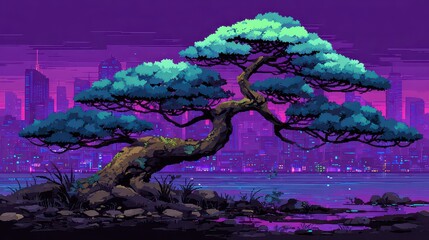 Pixelated Bonsai Tree Overlooking Glowing Cityscape in Purple and Teal Hues at Twilight with Detailed Foliage and Textured Landscape