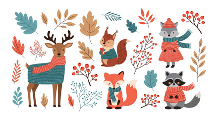Fototapeta premium Beautiful collection of woodland animals like deer, fox, and raccoon dressed in warm knitted sweaters for the autumn season.