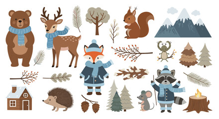 Obraz premium Detailed set of cozy winter forest graphics featuring animals like a bear and deer wearing blue scarves in a snowy landscape.
