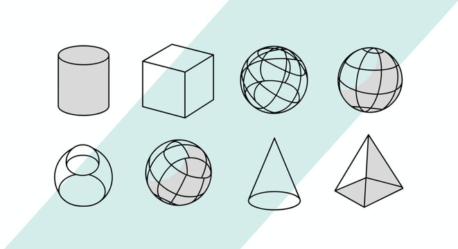Educational set of basic 3D geometric shapes including a cylinder, cube, spheres, and pyramid with wireframe details.