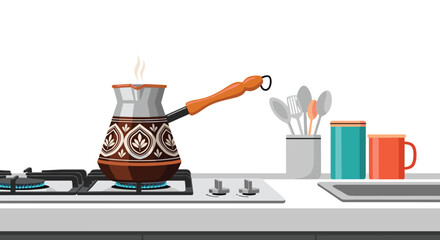 traditional copper coffee pot brewing on gas stove in modern kitchen setting for caffeine culture and morning beverage concept.