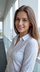 Fototapeta premium Portrait of Young Businesswoman in Modern High-Rise Office Hallway with Copy Space