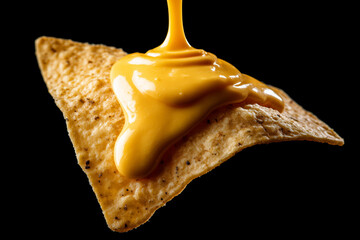 One single nacho chip dipped in cheddar cheese dip sauce dripping isolated against black background.