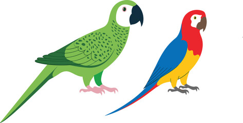 Obraz premium Collection of vibrant flat vector parrot and macaw icons featuring green and multicolored tropical plumage
