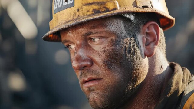 A man with a hard hat and visor, covered in dirt or soot.