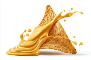 One single nacho chip dipped in cheddar cheese dip sauce dripping isolated against white background.