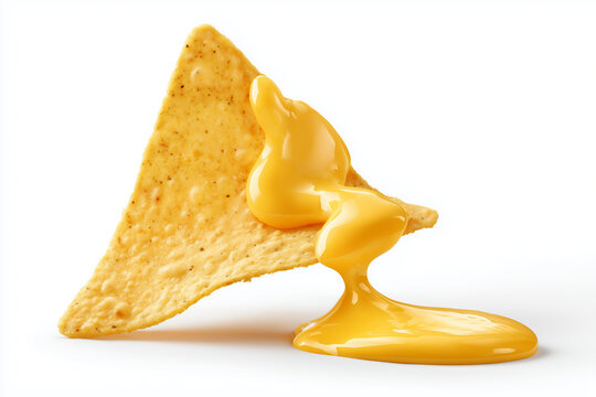 One single nacho chip dipped in cheddar cheese dip sauce dripping isolated against white background.