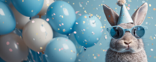 Funny bunny wearing sunglasses holding happy birthday balloons and confetti explosion flying around greeting card on blue background with copy space.