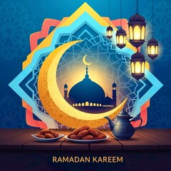 Ramadan Kareem illustration featuring a crescent moon, mosque silhouette, lanterns, and dates on a table, symbolizing Islamic celebrations and the holy month
