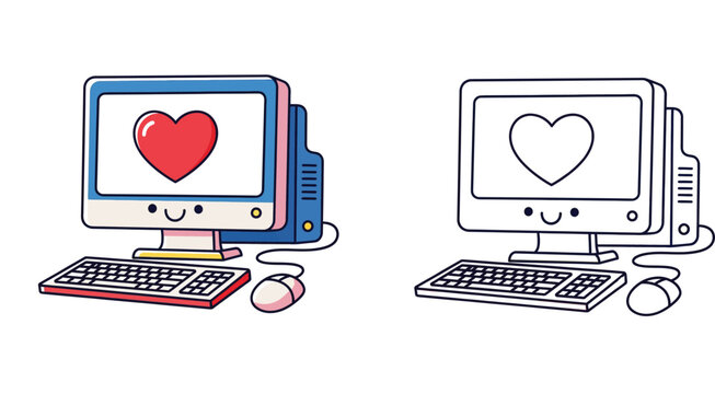 Cute kawaii computer character vector illustration set. Retro desktop pc with heart on screen and smiling face. Colorful and black and white outline coloring page isolated on white background.