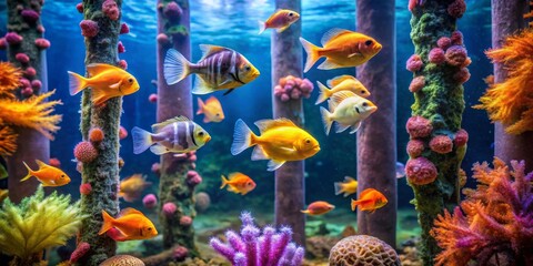Fototapeta premium A vibrant underwater world teeming with aquatic life and colorful coral formations, showcasing a school of small fish swimming gracefully amongst the aquatic flora