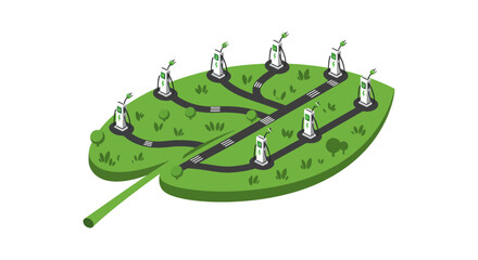 Obraz premium electric vehicle charging network on a leaf illustrating sustainable energy infrastructure and eco-friendly transportation development