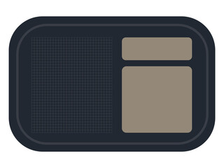 Horizontal dark memo with rounded corners: Deep charcoal base featuring a white grid section on the left and two stacked taupe rectangular fields on the right