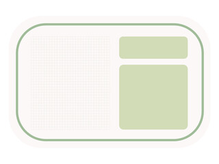 Horizontal memo with rounded corners: cream base featuring a green grid section on the left and two stacked taupe rectangular fields on the right