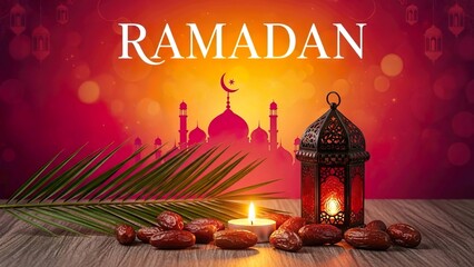 A beautifully decorated table with dates, a candle, and a lantern for Ramadan celebrations, featuring a mosque silhouette in the background
