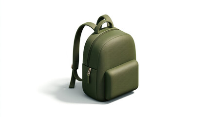 Obraz premium Modern olive green backpack with a front pocket and zippers, isolated on white background. A stylish, minimalist olive green backpack is presented against a clean white backdrop.