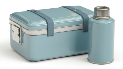 Retro blue lunch box and thermos set on a white background, vintage style. A vintage-style blue lunchbox with straps and a matching thermos sit side-by-side against a clean white backdrop.