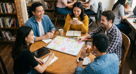A cheerful multiethnic group of five young friends or students laughs while collaborating on a project using a small whiteboard and sticky notes at a round wooden table in a cozy cafe with bookshelves