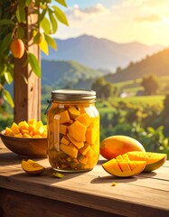 Mango chunks preserved in jar sit on wooden table with mountainous scenery backdrop, a bright, sunlit scene