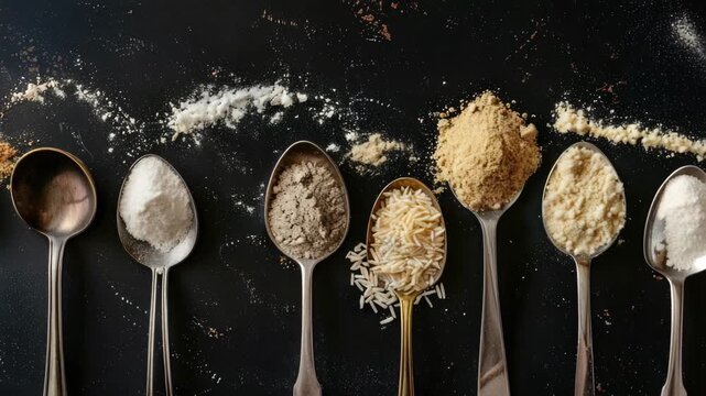 A collection of spoons with various types of food on them are arranged in a row. The spoons are lined up next to each other, with the food in the middle of each spoon