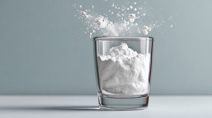 White powder being mixed into a clear glass with water, creating a splash effect, against a soft blue background, showcasing a clean and modern aesthetic with copy space