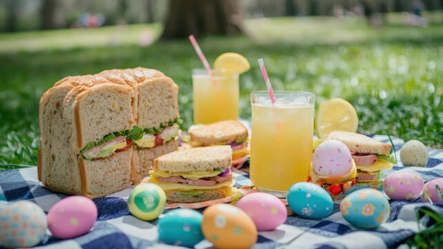 Colorful outdoor picnic scene featuring a sandwich platter with juicy drinks and colorful Easter eggs in a basket for a festive touch.