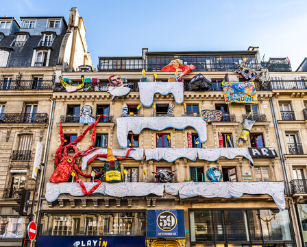 The colorful facade of 59 Rivoli, an iconic contemporary art gallery and artist residence in Rue de Rivoli, known for its giant sculptures and creative spirit, Paris, France