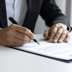 Person in suit signing document with pen on white table, professional setting, focused on hand and paper