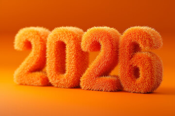 Fluffy modern Happy New Year 2026 text title celebration greeting card invitation concept against vibrant orange background.
