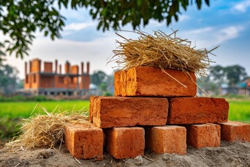 Construction Bricks Stacked with transparent background for Home Building.