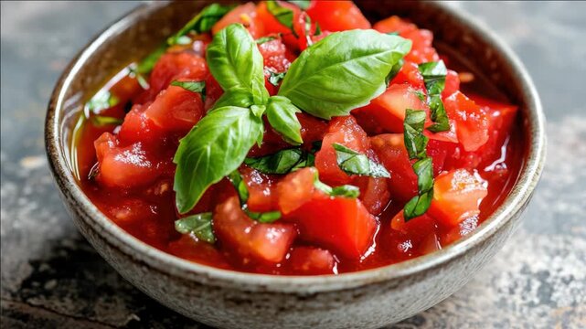 A delicious bowl of tomato soup topped with fresh basil leaves and garnished with shredded cheese.