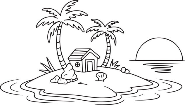 Tropical island paradise with palm trees and beach hut