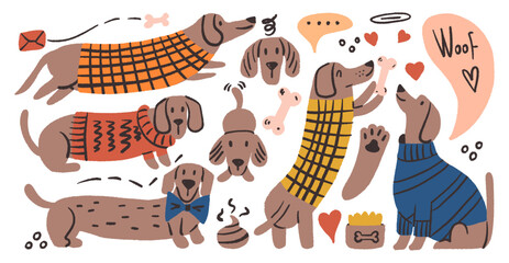 Adorable hand-drawn dachshund doodle collection.  Playful wiener dogs in cozy sweaters and bow ties. Whimsical sausage dog set. Stickers with pets.