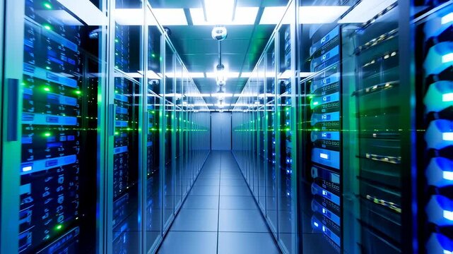 Rows of computer servers in a futuristic data center with neon lights and sleek metal architecture viewed from a straight aisle perspective