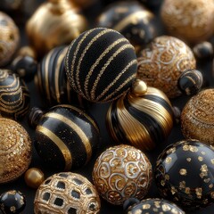 Elegant Black and Gold Christmas Ornaments with Intricate Designs