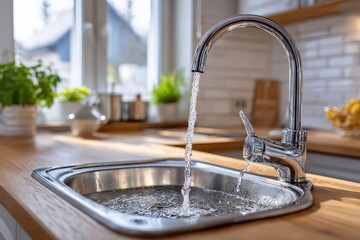 Kitchen faucet pouring water with transparent background for web design.