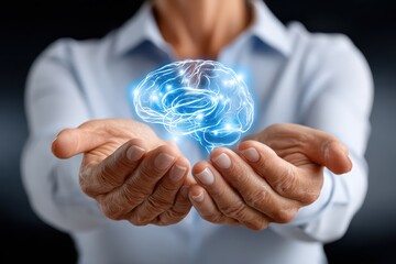 Brain held in hands on transparent background for mental healthcare.