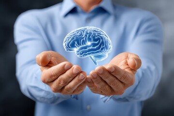 Brain in hands with transparent background and glowing digital intelligence