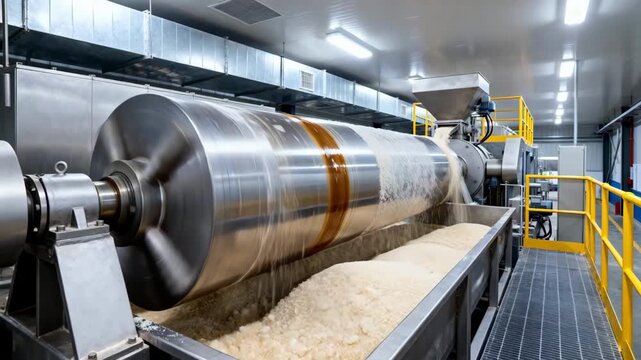 Continuous centrifugal machine rotating at high speed separating sugar crystals from molasses with automated feeding and discharge system in a controlled industrial setting.