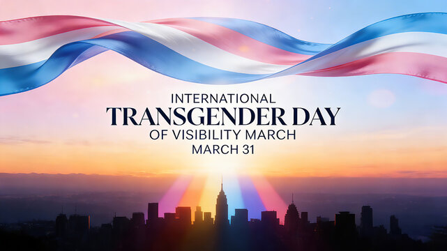 The transgender flag and urban sunrise interpret the concept of International Transgender Visible Day's "diverse and visible true self like the sunrise", suitable for LGBT public welfare promotion.
