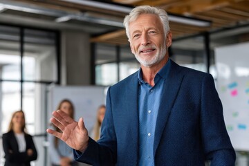 Senior speaker with transparent background in the office setting.