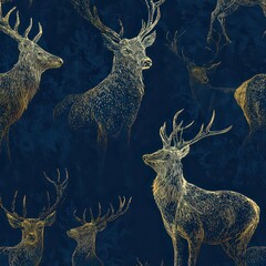 Elegant Deer Pattern Design in Rich Blue and Gold Hues