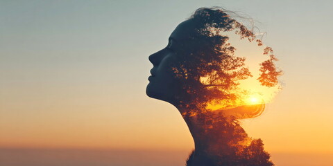 Forest Within the Self Profile Silhouette of Woman Merged with Forest Landscape During Golden Hour Sunset Double Exposure Nature Concept Human and Forest Unity