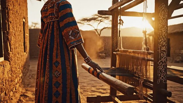Person in patterned traditional garment touching a wooden railing at sunset