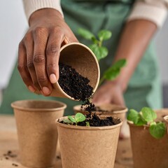 Person planting seedlings into cardboard cups, gently adding soil. Close-up, bright lighting, focusing on nurturing growth