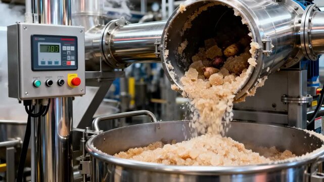 Closeup medium shot of beet sugar refining machinery filtering and purifying raw beet crystals featuring stainless steel pipes and automated control panels.
